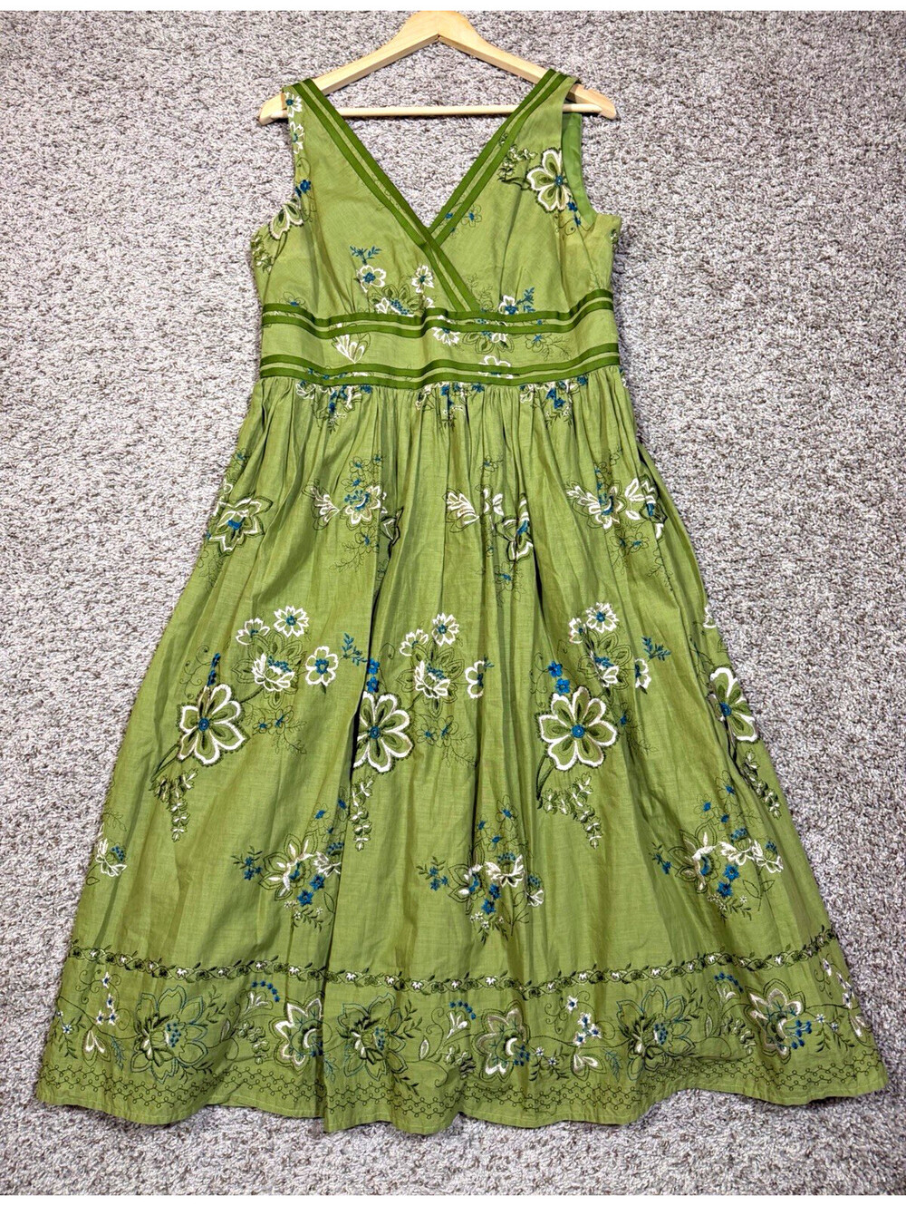 Signature by Robbie Bee Sage Green Floral Embroidered Sundress 12 Cottagecore